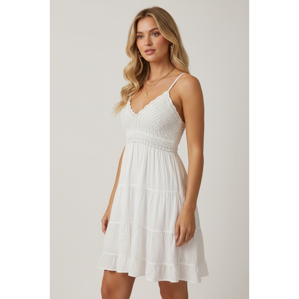 Bluenotes‎ White Size Small Crochet Tiered Boho Mini Dress Sun Dress